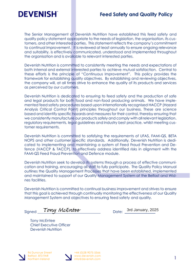 Devenish Nutrition Feed Safety and Quality Policy Reviewed Jan 2025